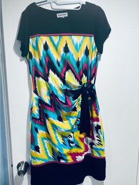 Shelby & Palmer Black-Trim Multicolor Tie-Waist Midi Dress Size L